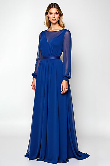 Royal Blue Chiffon Long Sleeve A Line Mother of the Bride Dress